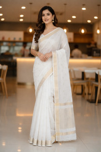 Tanikatextiles Printed, Woven, Striped Banarasi Cotton Blend Saree