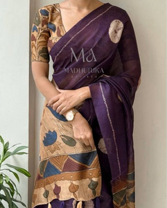 VILLAGIUS Floral Print, Printed, Color Block, Graphic Print, Embellished, Hand Painted Daily Wear Linen, Cotton Blend Saree
