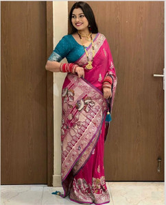 KanjiQueen Floral Print Banarasi Silk Saree - Image 1