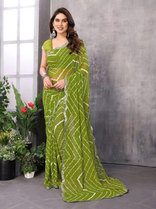 TTH Striped, Embellished Leheria Georgette Saree