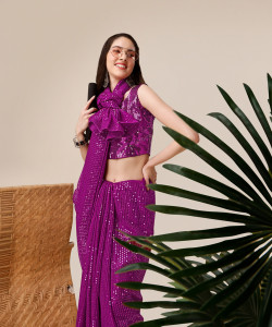 Clemira Embroidered, Embellished Bollywood Georgette Saree
