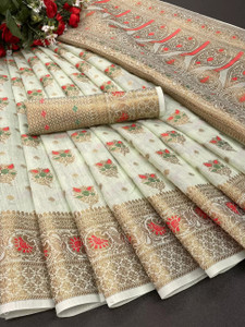 SWDHRM Printed, Self Design, Floral Print Banarasi Jacquard, Cotton Silk Saree