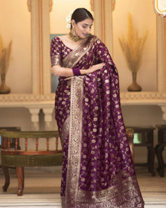 KanjiQueen Woven, Self Design Banarasi Silk Blend, Pure Silk Saree