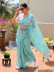 nirave fashion Checkered, Floral Print Daily Wear Cotton Linen Saree