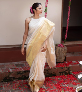 KRIYANSH Self Design, Woven, Applique, Printed, Temple Border, Striped Kanjivaram Jacquard, Cotton Blend Saree