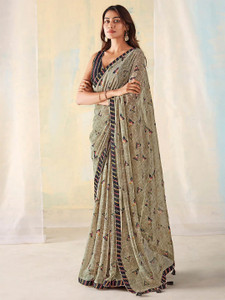 MEETVIN COUTURE Printed, Color Block, Digital Print, Embellished, Self Design Bollywood Chiffon Saree