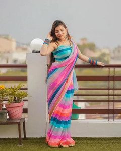 ZIKIGO Striped, Embellished, Graphic Print Daily Wear Georgette Saree