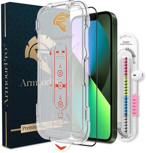 ArmourPro Tempered Glass Guard for Apple iPhone 13, iPhone 13Pro, iPhone 14, iPhone 16e, Self Applicator Guard with Cable Protector