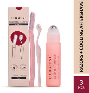 Carmesi Face Shaving Kit - 1 Face Razor, 1 Eyebrow Razor, 1 Cooling Aftershave Roll On, Women