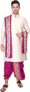 RAMESHWARAM FABRICS Men's Traditional Wedding Dress Readymade Dhoti with Sherwani Style Kurta- Stole Solid Sherwani