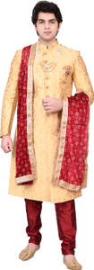 Diamond Style Traditional Groom Sherwani Golden with Dupatta Pajama Mala Embroidered Sherwani