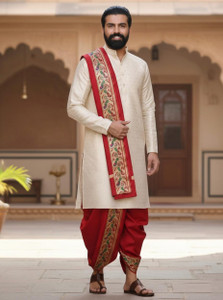 THE HERITAGE DHOTIS Sherwani Set with Dhoti Style Pant & Stole | Ethnic Wedding & Festive Wear | Woven Sherwani