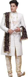 Diamond Style Men’s White Embroidered Sherwani with Pajama, Maroon Dupatta & Mala Embroidered Sherwani