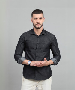 Regrowth Men Washed, Solid Casual Black Shirt