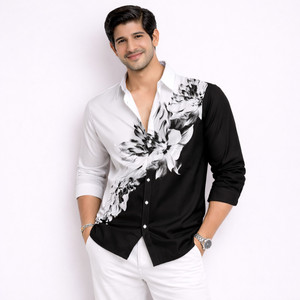 RichCloths Men Floral Print, Color Block Casual Black, White Shirt