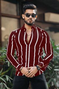COMBRAIDED Men Striped Formal Red Shirt