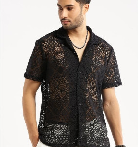 Sk world Men Self Design Casual Black Shirt