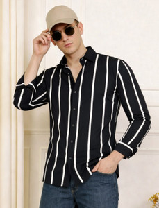 COMBRAIDED Men Striped Casual Black Shirt