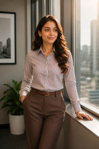 VAVA Creation Women Striped Formal Brown Shirt