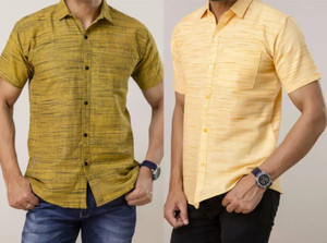 isdfabric Men Self Design Casual Dark Blue, Yellow Shirt