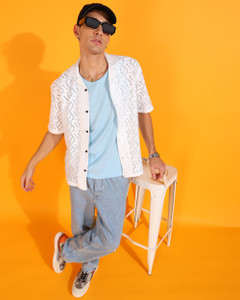 INDICLUB Men Self Design Casual White Shirt