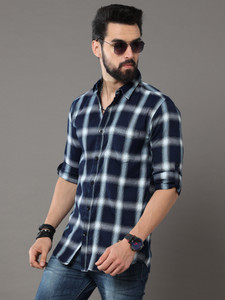 tallwalker Men Checkered Casual Blue Shirt