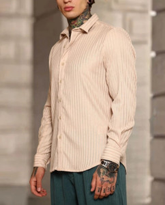 Lyphy Men Striped Casual Cream Shirt