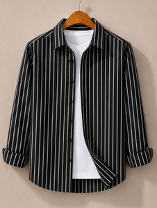 JACKBELLA Men Striped Casual Black Shirt