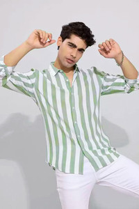 RODEIZ Men Striped Casual Green Shirt