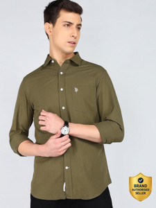 U.S. POLO ASSN. Men Solid Casual Dark Green Shirt