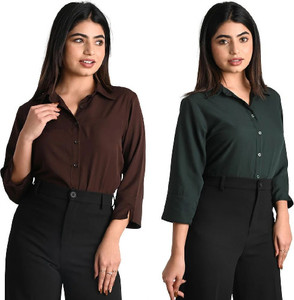 GM SARA Women Solid Formal Dark Green, Brown Shirt