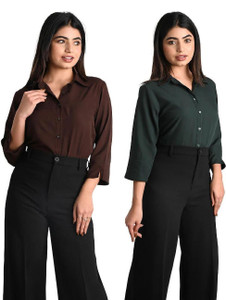 GM SARA Women Solid Formal Dark Green, Brown Shirt