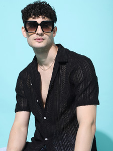 Voroxy Men Self Design Casual Black Shirt