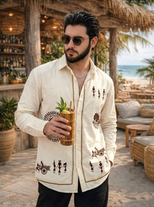 Shree Sai Balaji Men Printed, Ethnic Motifs Casual Cream Shirt
