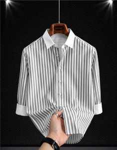 Rassvelly Men Striped Casual Black, White Shirt