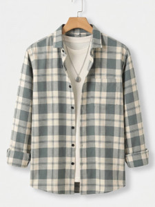 WOXEN Men Checkered Casual Grey, Cream Shirt