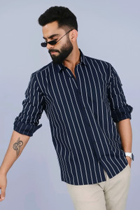 YELLOWDASH Men Striped Casual Dark Blue Shirt