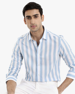 WE KAIKA Men Striped Casual Light Blue Shirt