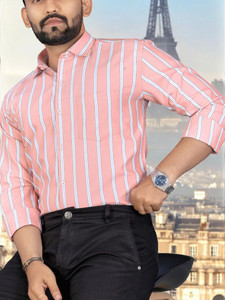 MILDIN Men Striped Formal Pink Shirt