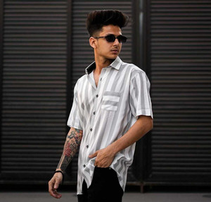PRIMEFIELD Men Striped, Printed Casual White, Grey Shirt