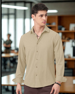 INDICLUB Men Self Design Formal Khaki Shirt