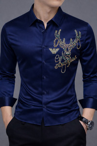 TorontoCN Men Embroidered Casual Dark Blue Shirt