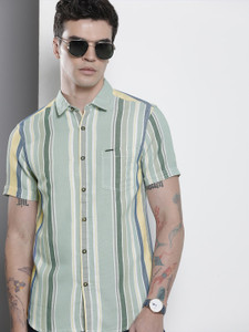 The Indian Garage Co. Men Striped Casual Green Shirt