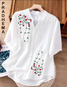 PRADHEMA Women Embroidered, Floral Print Casual White Shirt