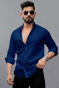 Growwax Men Self Design Casual Dark Blue Shirt