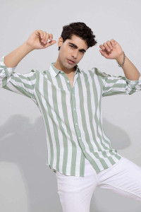 U TURN Men Striped Formal Light Green, White Shirt