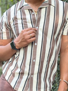 Jump Cuts Men Striped Casual Brown Shirt