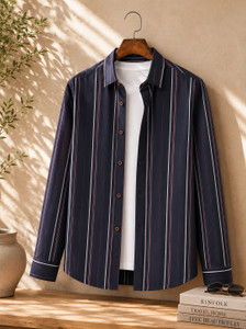 FUBAR Men Striped Casual Dark Blue Shirt