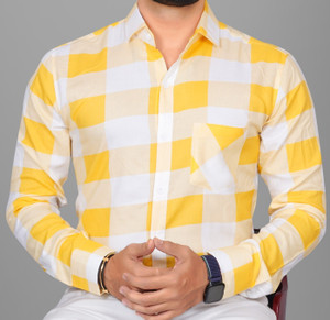 Voroxy Men Checkered Formal Yellow Shirt
