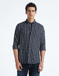 FLYING MACHINE Men Checkered Casual Blue Shirt